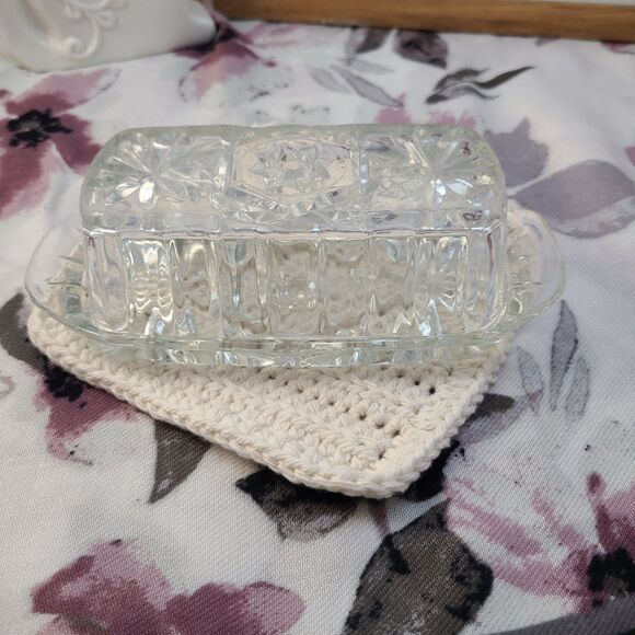 Vintage Anchor Hocking Star of David Crystal Covered Butter Dish Glass - Picture 3 of 6